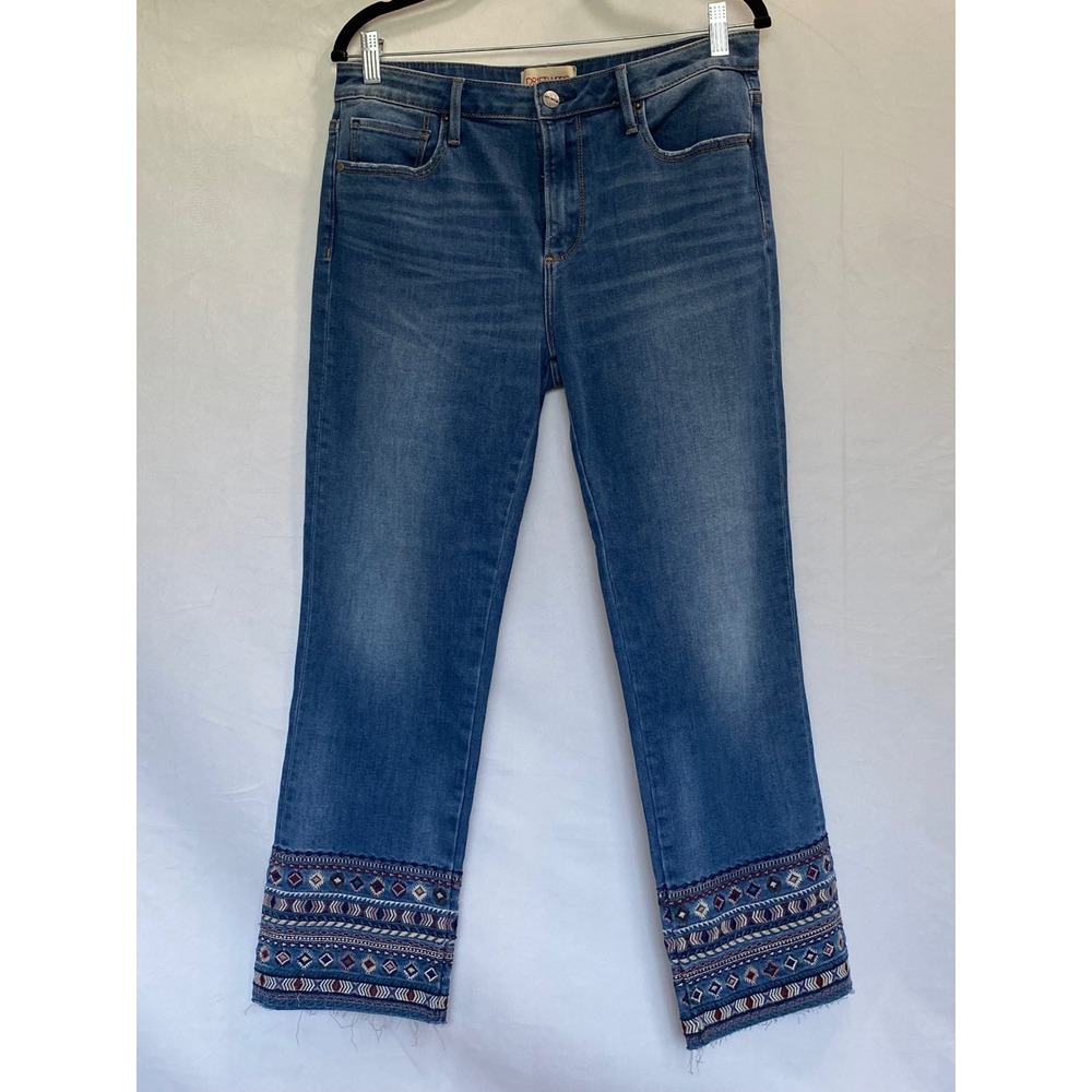 Driftwood Colette Embroidered Hem Straight Leg Jeans Blue 31 x 26 Boho Raw Edge